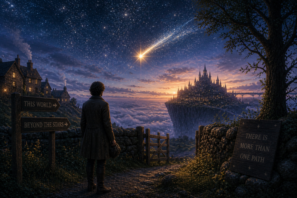 fantasy twilight sky with falling star and distant magical kingdom above the clouds