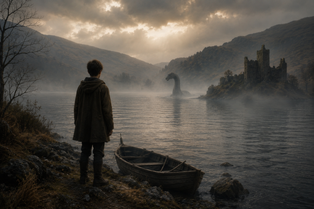 A quiet fantasy lake with misty water, distant ruins, and a calm cinematic atmosphere inspired by folklore.