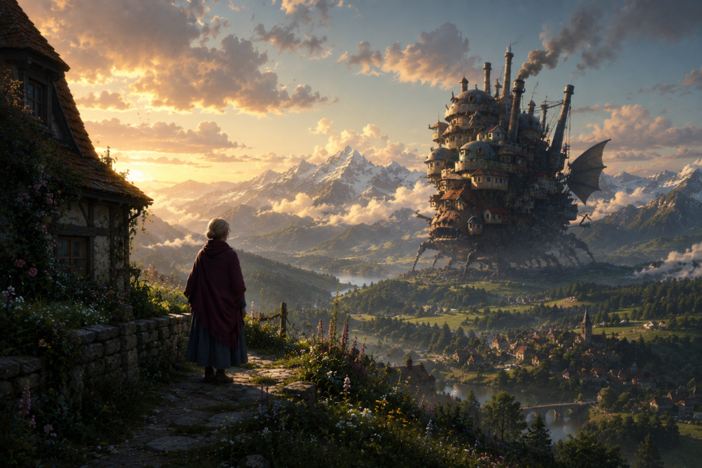 whimsical moving castle walking across a peaceful fantasy valley during golden sunset inspired by cozy magical fantasy worlds