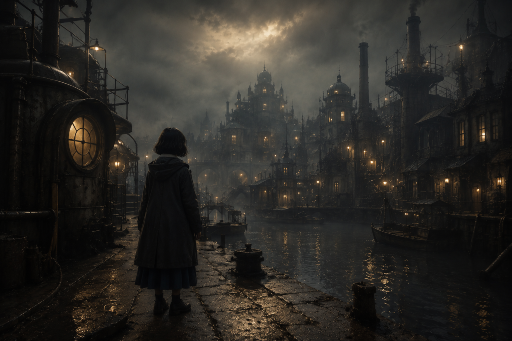 A dark fantasy waterfront city with fog, rusted structures, and a calm cinematic atmosphere inspired by surreal fantasy worlds.