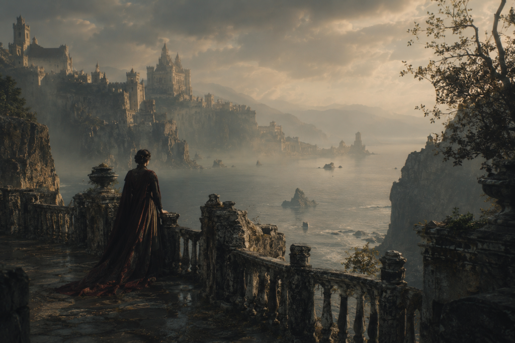A quiet dark fantasy coastline with ancient stone castles, misty cliffs, and a lone traveler overlooking a cinematic medieval world.