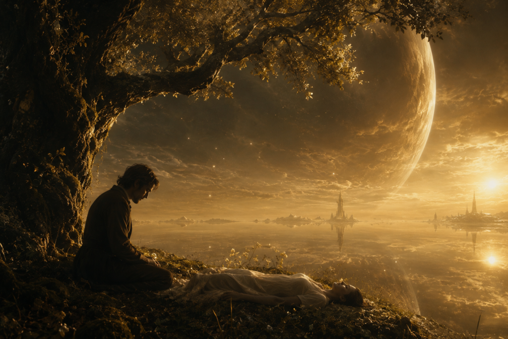 emotional cosmic fantasy landscape inspired by The Fountain with golden atmosphere and surreal sci fi mood