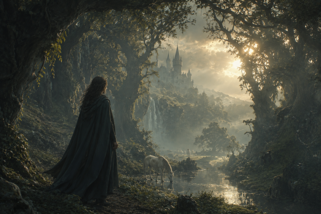 A cinematic fantasy forest with soft golden fog, an ancient castle in the distance, and a lone traveler standing beside a calm river in a dreamlike world.