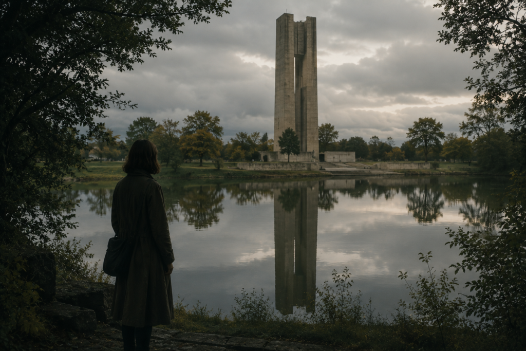 A calm cinematic landscape with reflective water, muted architecture, and a quiet emotional atmosphere.
