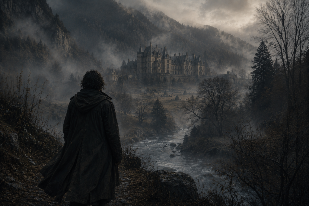 A dark fantasy mountain landscape with mist, an old gothic manor, and a calm cinematic atmosphere inspired by folklore fantasy.