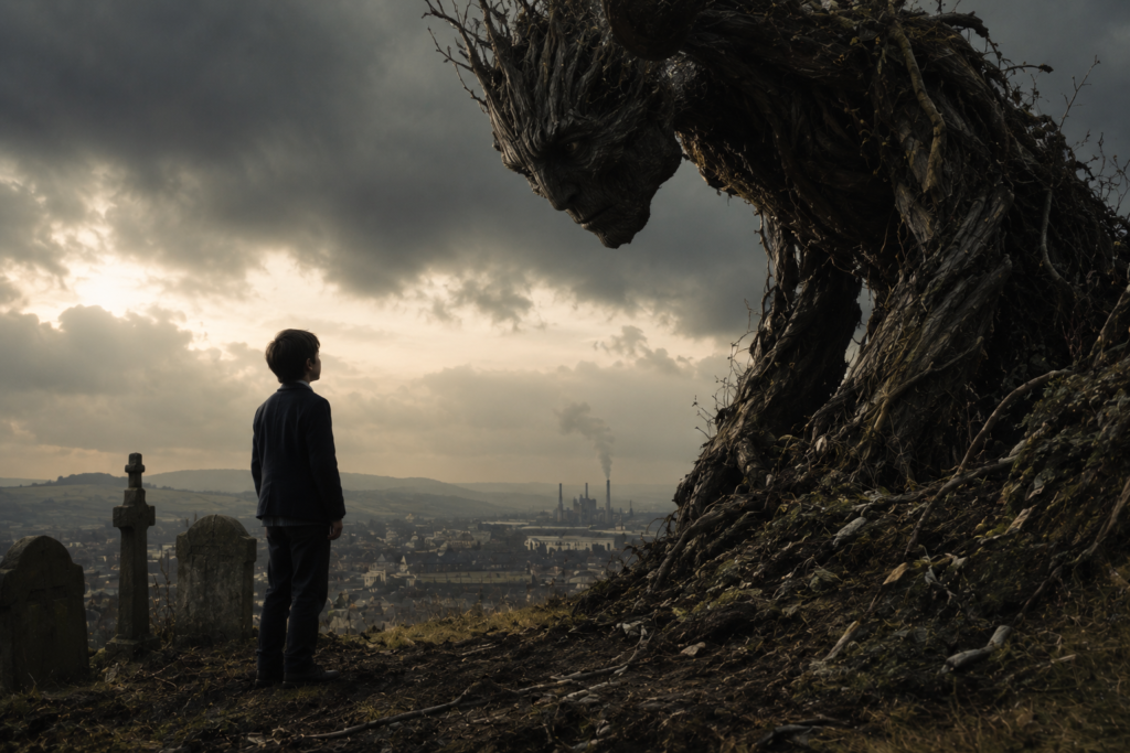 dark emotional fantasy landscape with a giant tree creature watching over a lonely child