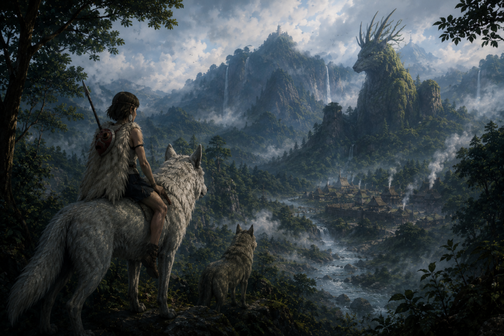 ancient forest fantasy landscape with giant spirit creatures and wolves overlooking a hidden village 