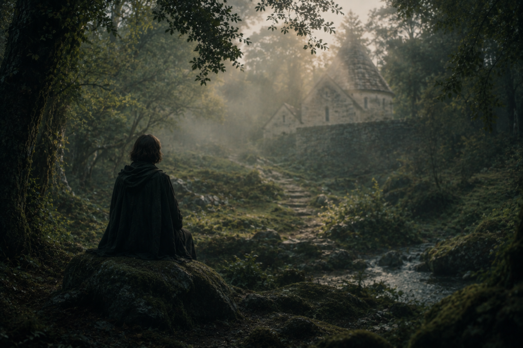 A calm fantasy forest with mist, ancient stone buildings, and a lone traveler in a cinematic atmosphere.