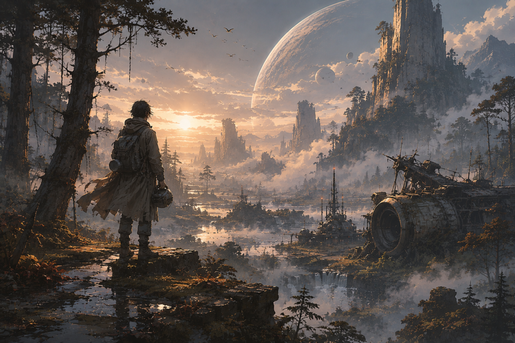 A cinematic sci-fi fantasy landscape with misty forests, ruined spacecraft, and a lone traveler in a quiet immersive atmosphere.