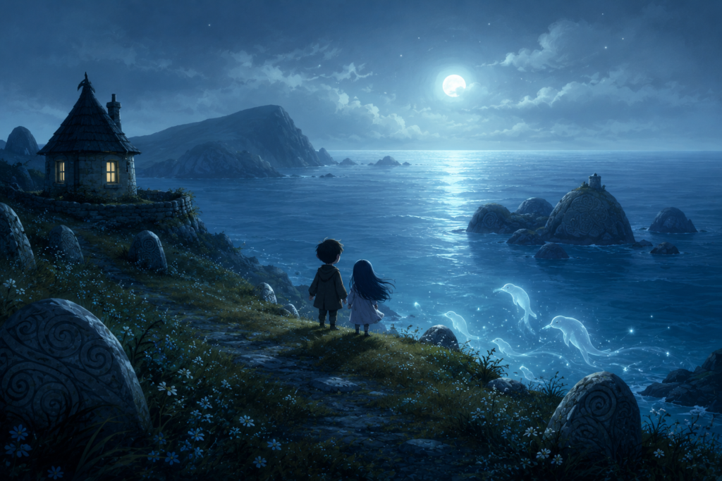 moonlit fantasy coastline with two children watching glowing sea spirits in a calm atmospheric world inspired by quiet fantasy stories