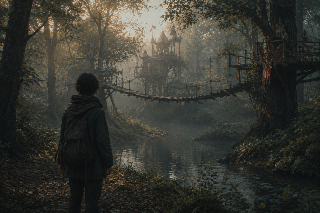 A calm fantasy forest with wooden bridges, misty trees, and a soft cinematic atmosphere inspired by quiet coming-of-age fantasy worlds.