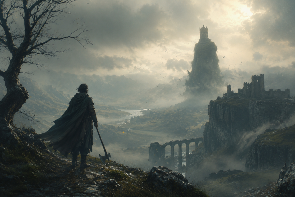 A quiet dark fantasy landscape inspired by ancient legends, with a lone traveler facing a massive moss-covered figure in a misty cinematic world.