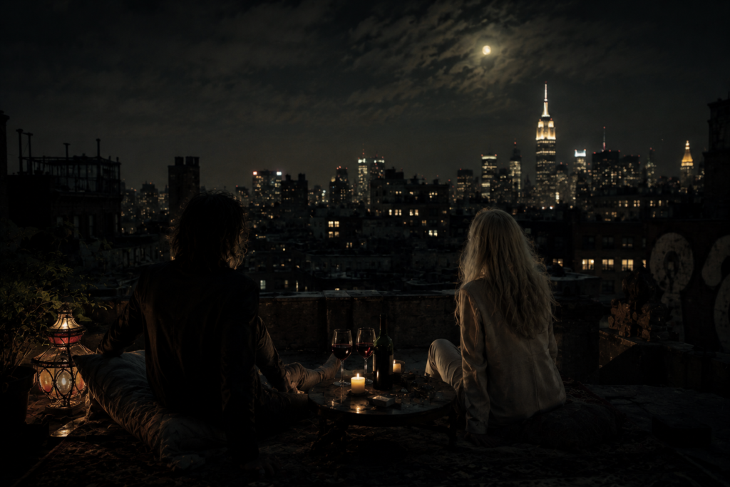 two quiet figures sitting on a rooftop overlooking a dark cinematic city skyline inspired by atmospheric gothic fantasy romance