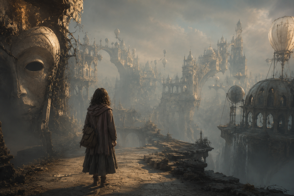A quiet fantasy landscape with floating cities, giant masks, and a calm cinematic atmosphere.