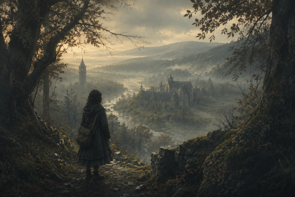 A calm fantasy landscape with misty forests, ancient stone buildings, and a quiet cinematic atmosphere.