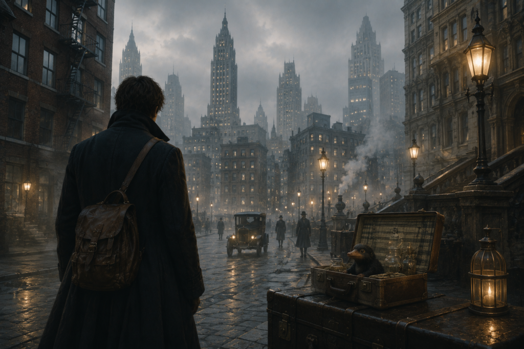 A cinematic urban fantasy scene with misty 1920s-style streets, glowing lamps, magical luggage, and a quiet traveler inspired by Fantastic Beasts and Where to Find Them.