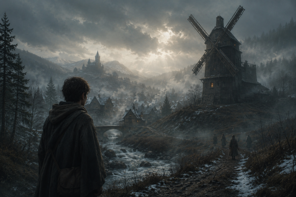 A dark fantasy windmill village with foggy winter landscapes and a calm cinematic atmosphere inspired by quiet fantasy worlds.