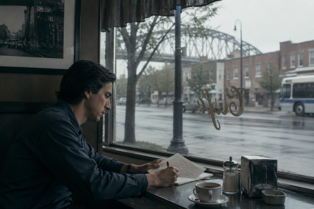 quiet cinematic café scene inspired by Paterson with rainy streets and reflective atmosphere