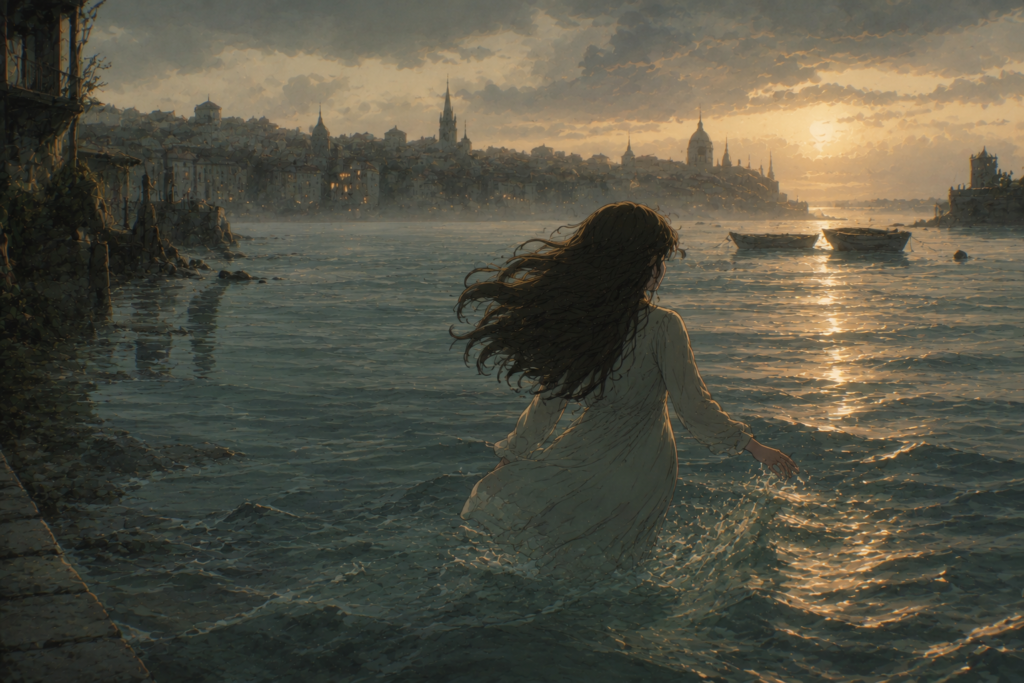A calm fantasy coastline with a solitary figure walking through shallow water, distant fishing boats, and a soft cinematic atmosphere inspired by coastal folklore.