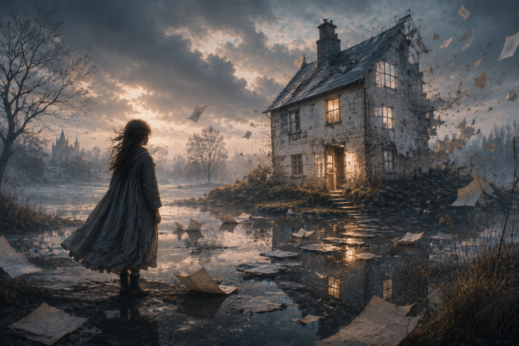 A surreal quiet fantasy landscape with a lonely house, drifting papers, and a calm cinematic atmosphere inspired by dreamlike fantasy worlds.