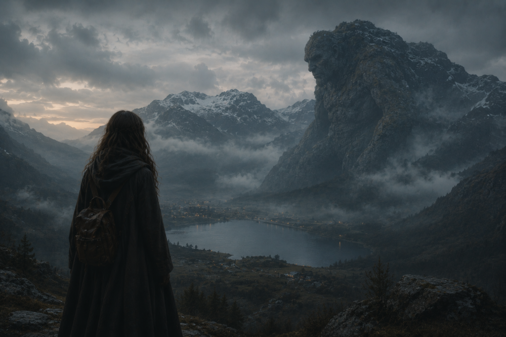 A dark cinematic fantasy landscape with misty Nordic mountains, a massive stone creature, and a quiet traveler inspired by Troll.