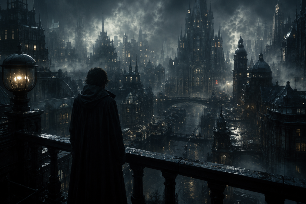 A dark fantasy city with fog-covered gothic towers, wet streets, and a quiet cinematic atmosphere.