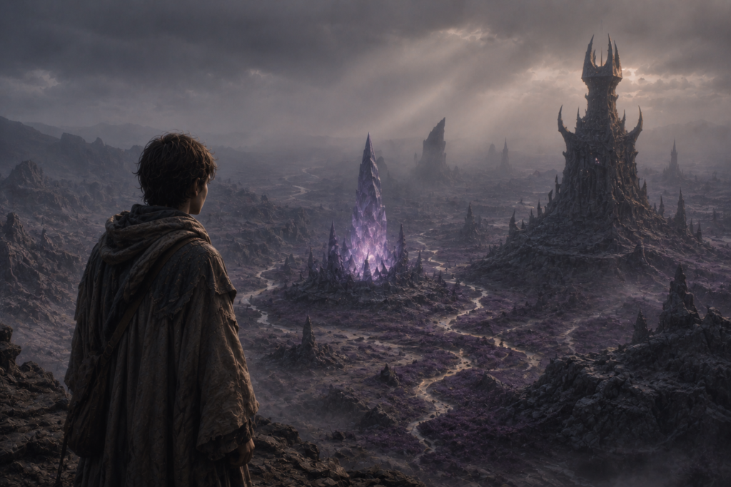 A dark fantasy landscape with glowing crystal ruins, misty valleys, and a calm cinematic atmosphere inspired by quiet fantasy worlds.