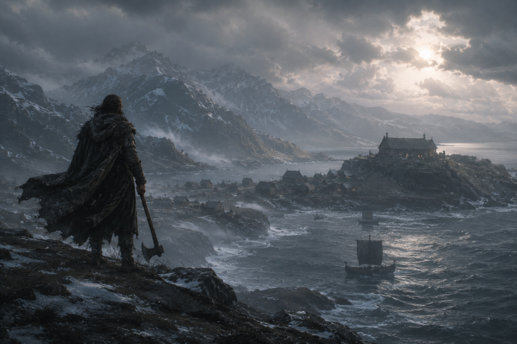 A quiet cinematic Nordic fantasy landscape with snowy mountains, dark seas, longships, and a lone traveler standing above a misty coastal village.