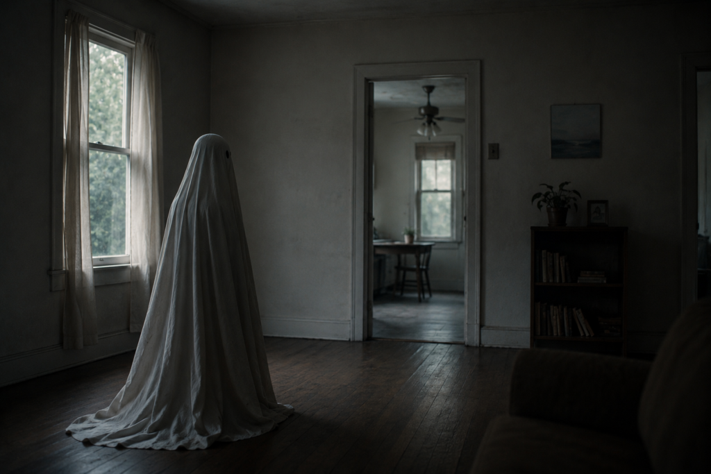 melancholic ghost story inspired scene with empty house and quiet cinematic atmosphere