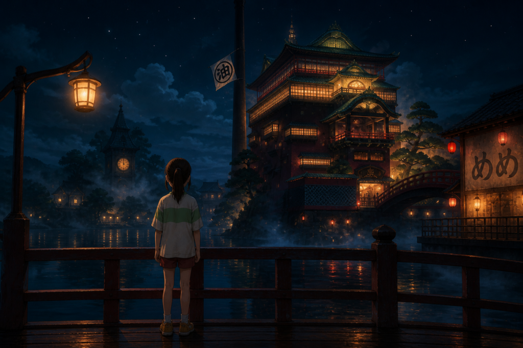 dreamlike spirit world atmosphere with quiet fantasy night scenery