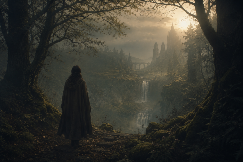 A dark fantasy forest with soft mist, distant castle ruins, and a calm cinematic atmosphere.