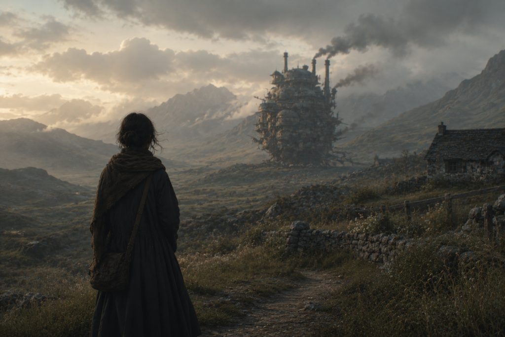A calm fantasy world with misty grasslands, a distant moving fortress, and a soft cinematic atmosphere inspired by quiet fantasy films.