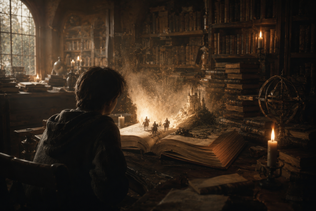 A quiet fantasy library filled with old books, warm candlelight, and a calm cinematic atmosphere.