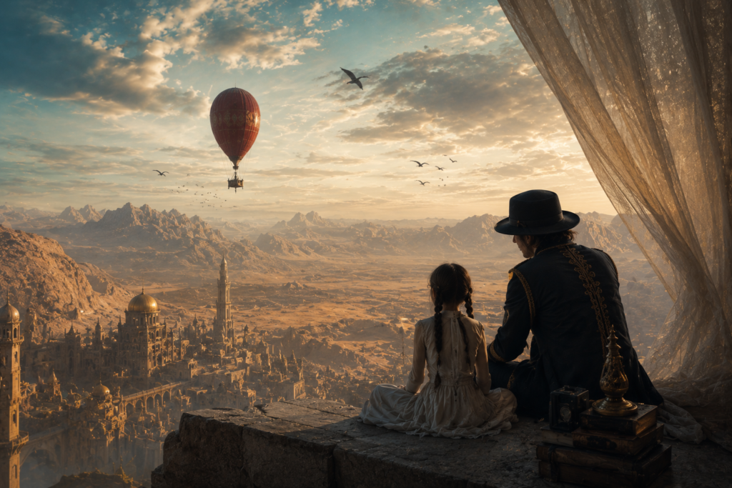 dreamlike fantasy desert city with a lonely storyteller and child overlooking a magical world