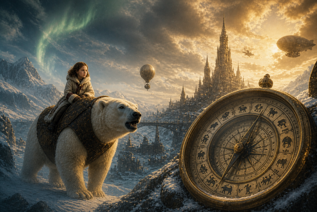 fantasy snowy world with armored polar bear and golden compass in a magical steampunk setting