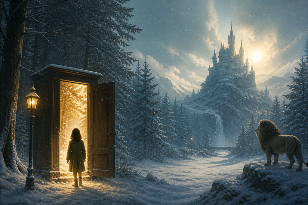 quiet fantasy winter world with glowing wardrobe portal and snowy forest landscape