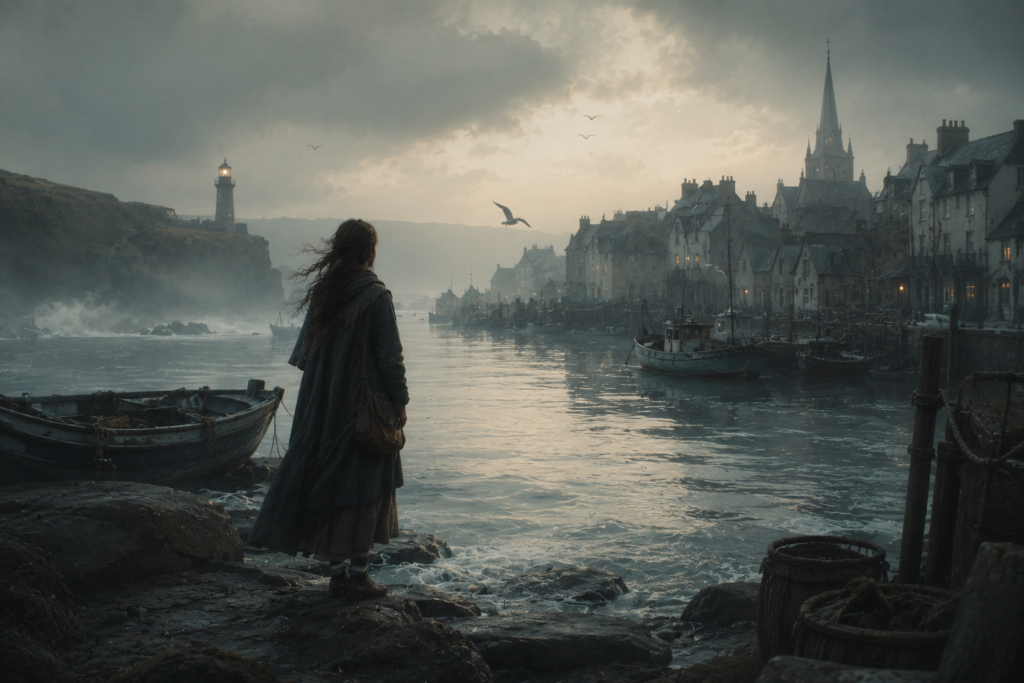 A mystical fantasy coastline with foggy harbor lights, calm ocean waves, and a cinematic atmospheric mood inspired by quiet fantasy worlds.