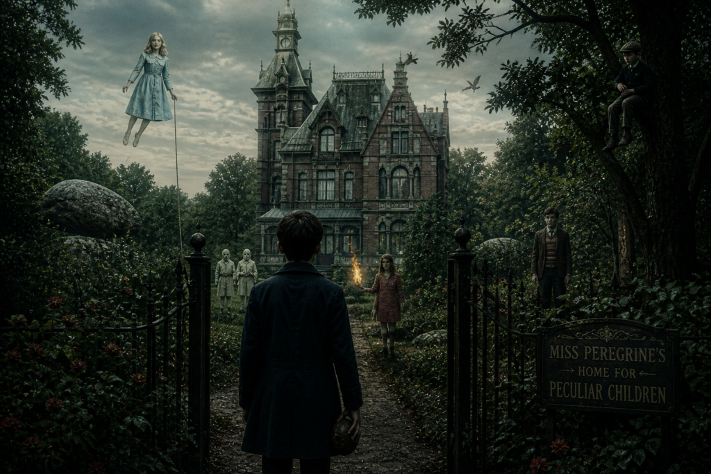 dark fantasy mansion with peculiar children and eerie atmosphere in a timeless setting