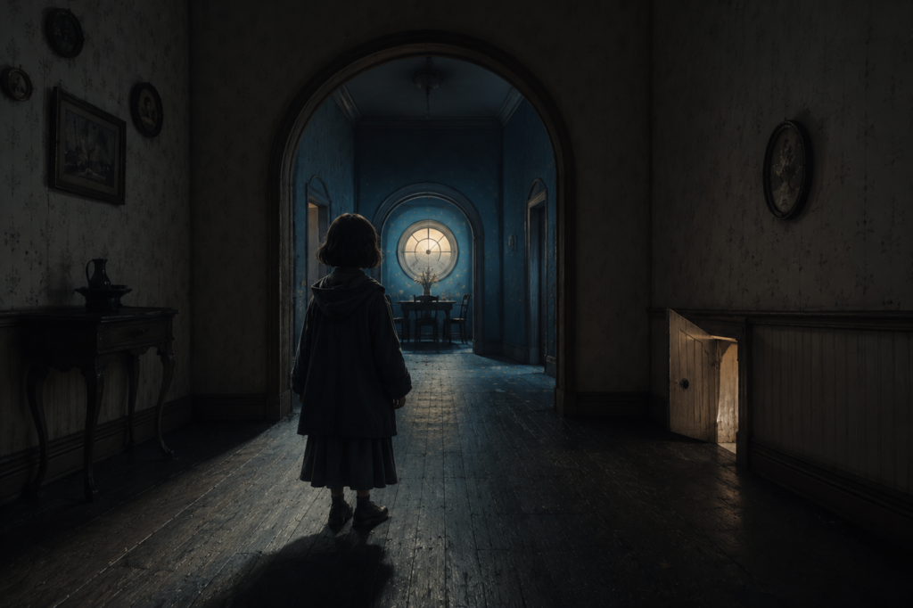 A dark fantasy hallway with soft blue light, hidden doors, and a calm cinematic atmosphere inspired by quiet fantasy worlds.