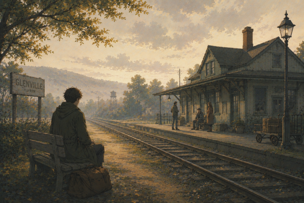 A calm cinematic train station surrounded by autumn hills, with a lone traveler observing distant companions in a warm and reflective atmosphere.