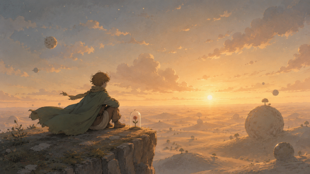Quiet fantasy world inspired by The Little Prince, featuring a lone traveler overlooking dreamlike floating spheres and a calm cinematic sunset landscape.
