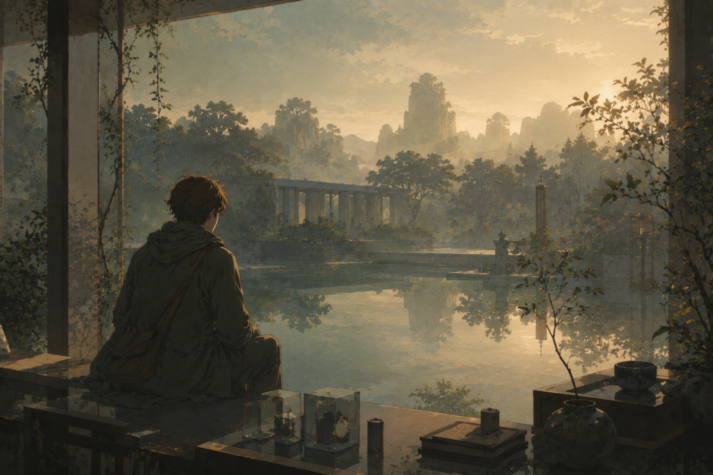 A calm cinematic landscape with a lone traveler reflecting beside still water, capturing the mood of a quiet emotional movie about memory and connection.