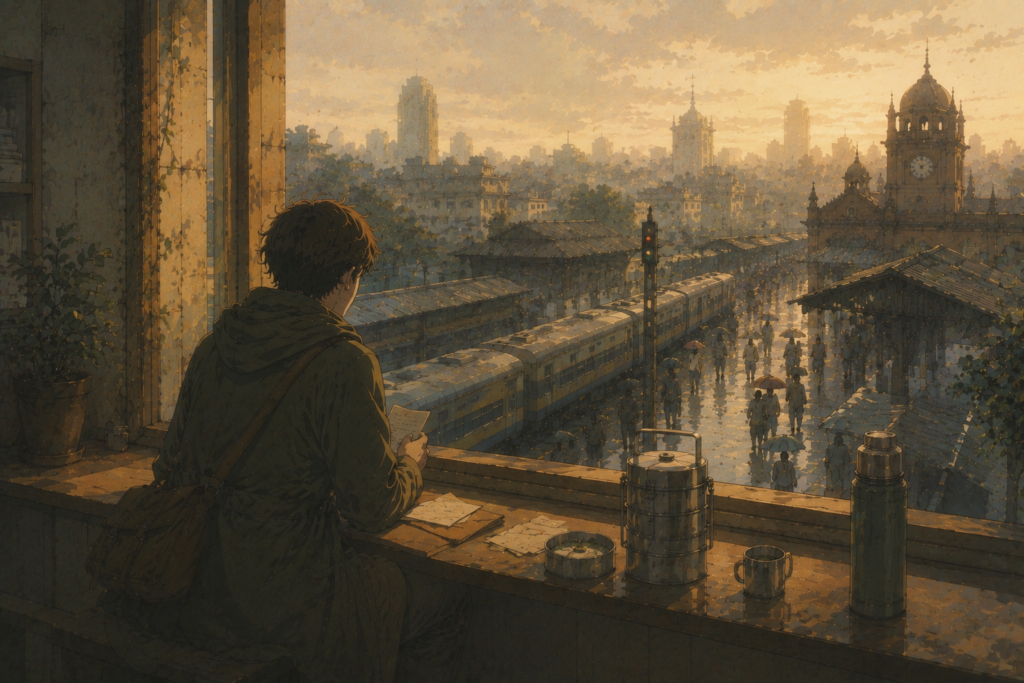 A reflective traveler sits by a window above a bustling railway station, capturing the atmosphere of a gentle emotional movie about ordinary lives.