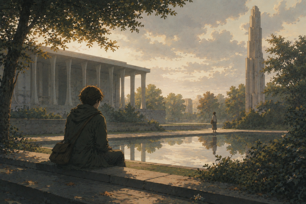 A peaceful architectural setting with two strangers sharing a quiet moment, surrounded by soft light and a reflective atmosphere.