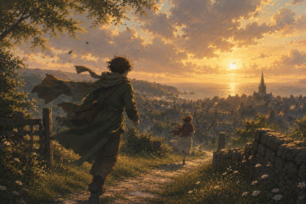 A cinematic romantic landscape with a lone traveler running toward a distant figure under warm sunset light, inspired by the mood of emotional movies.