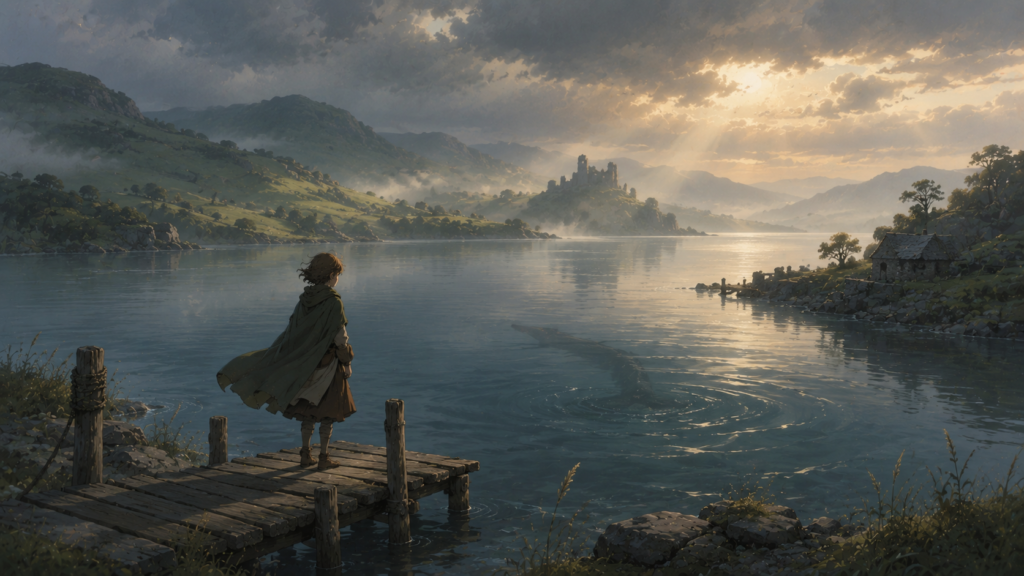 Quiet fantasy loch with drifting fog, distant ripples on the water, and a lone traveler in a calm cinematic landscape.