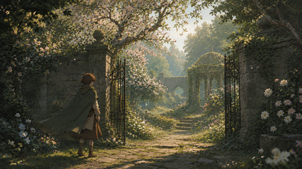 Quiet healing fantasy garden with ancient stone walls, flowering trees, drifting petals, and a lone traveler in a calm cinematic landscape.