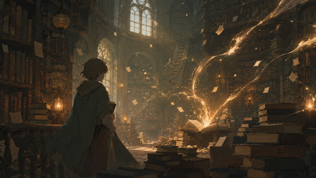 Quiet fantasy library inspired by Inkheart, featuring a lone traveler, ancient books, floating pages, and a warm cinematic atmosphere.
